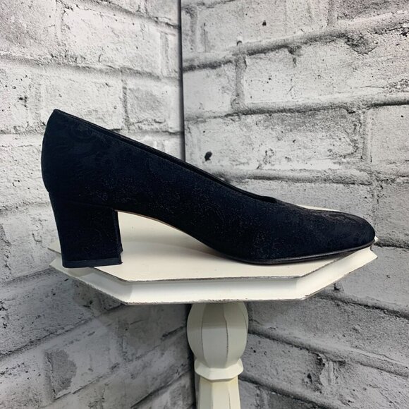 Enzo Angiolini Square Toe Mid Low Block Heel Black Floral Fabric Leather Pump - Picture 3 of 10